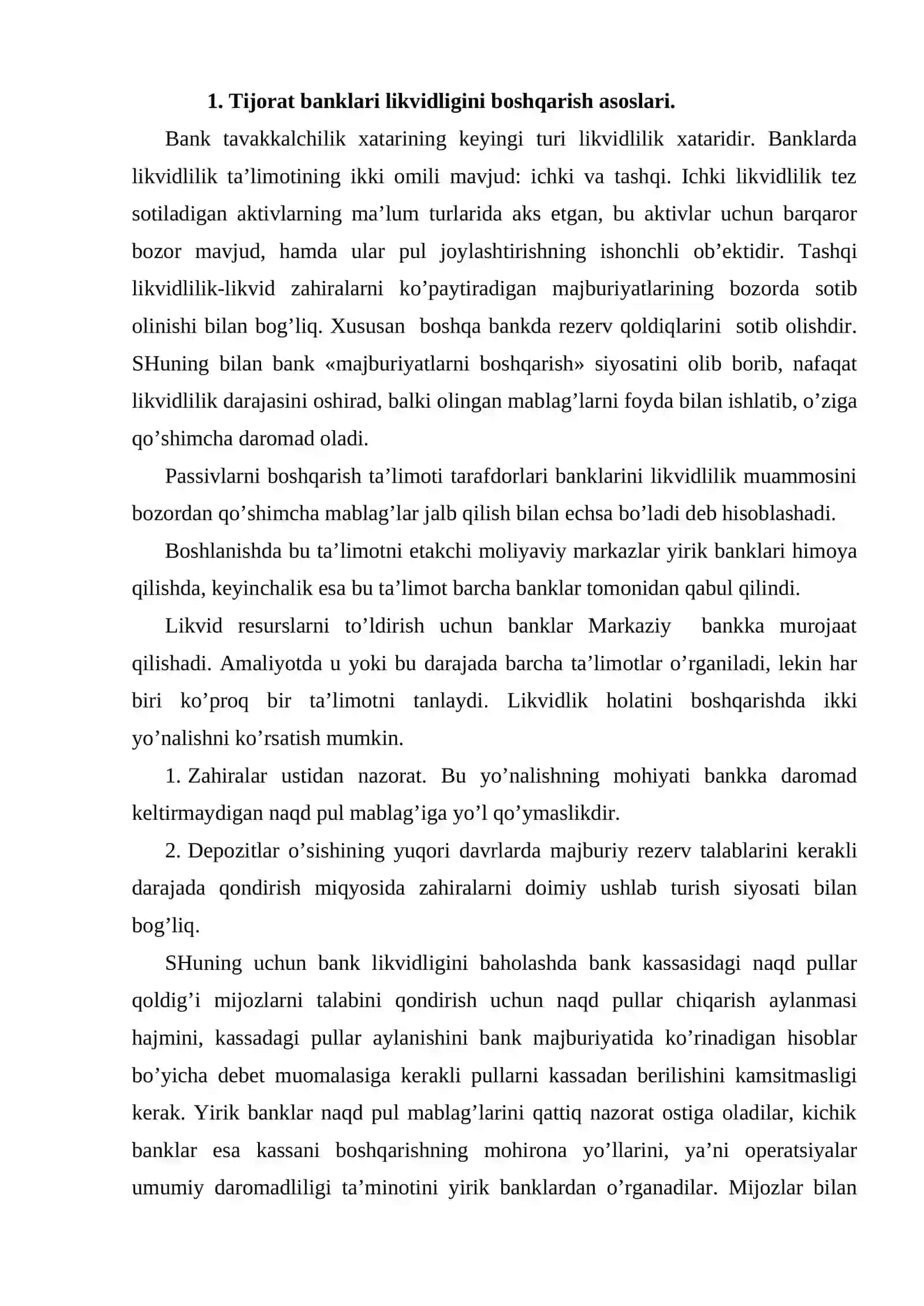 Tijorat banklarining likvidligini boshqarish va baholash asoslari 2