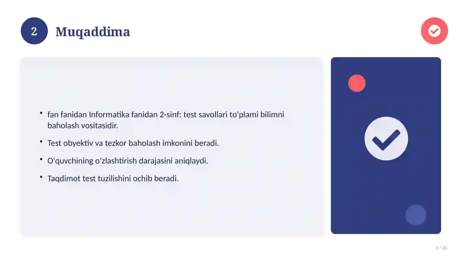 Informatika fanidan 2-sinf: test savollari to'plami 2