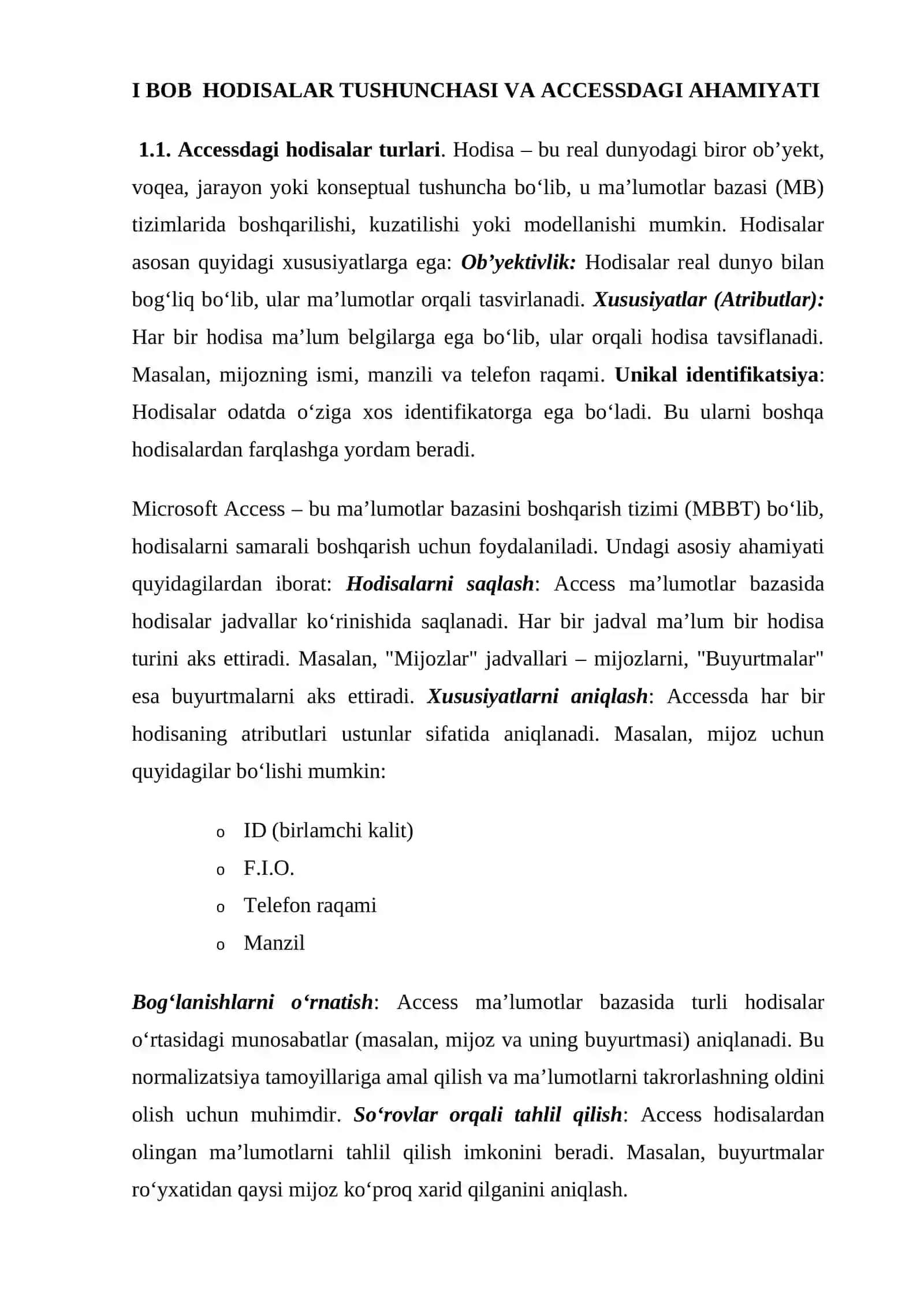 Accessdagi hodisalar turlari va uning boshqarilishi 2