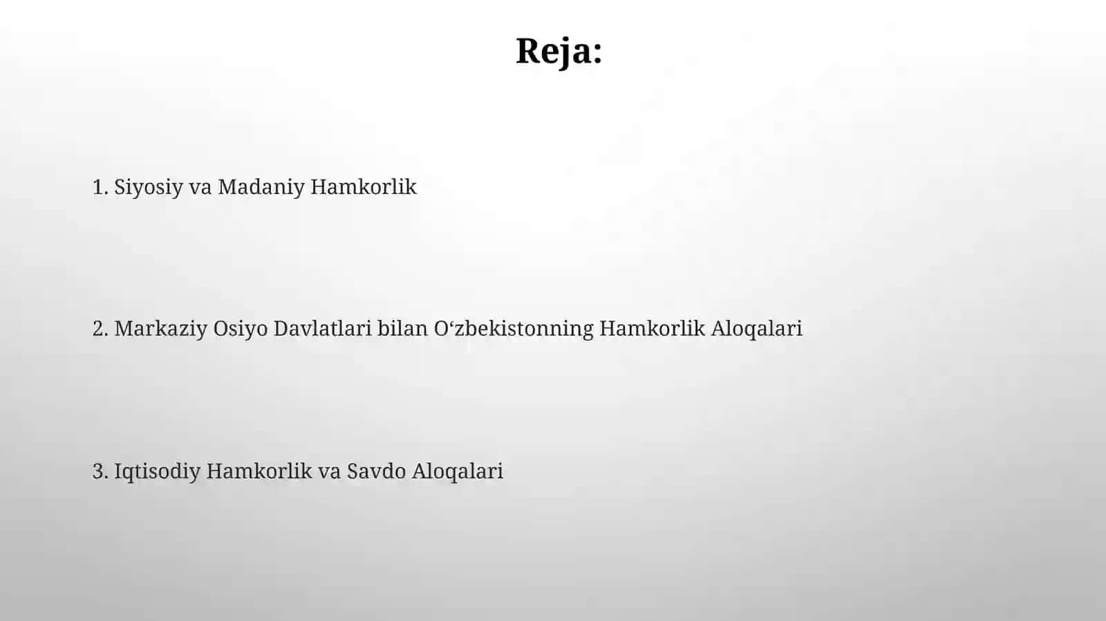 O'zbekistoning Markaziy Osiyo davlatlari bilan o'zaro hamkorlik aloqalari 2