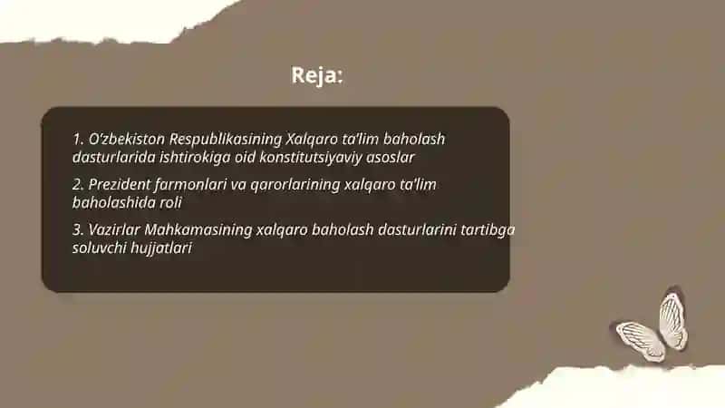 O’zbekiston Respublikasi ta’lim tizimining xalqaro baholash dasturlarida ishtirokining normativ-huquqiy bazasi 2