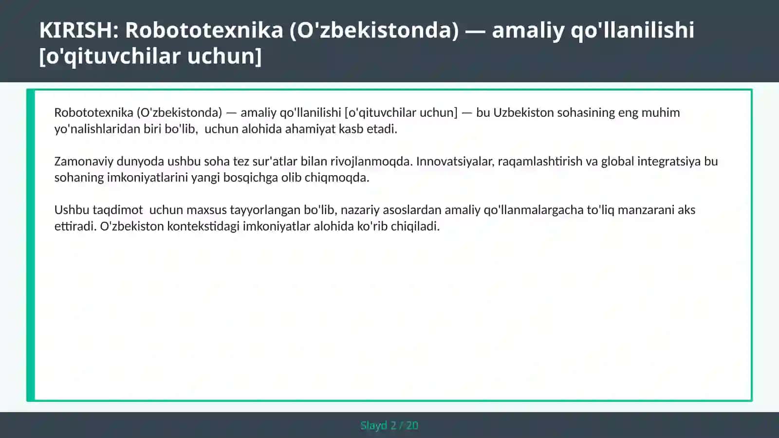 Robototexnika (O'zbekistonda) — amaliy qo'llanilishi [o'qituvchilar uchun] 2