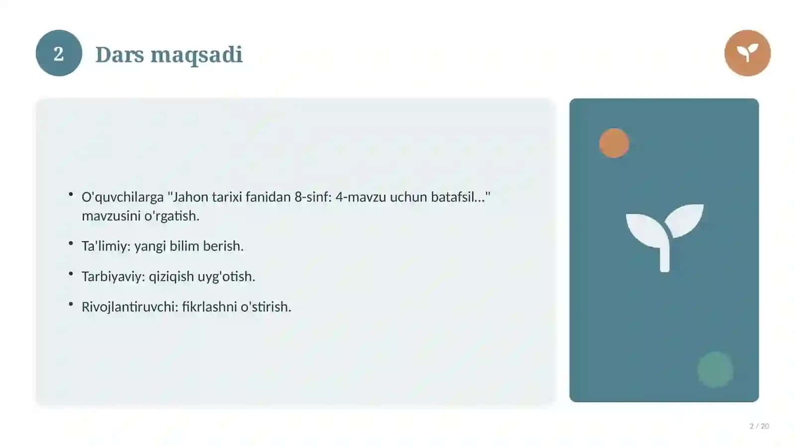 Jahon tarixi fanidan 8-sinf: 4-mavzu uchun batafsil dars ishlanmasi 2