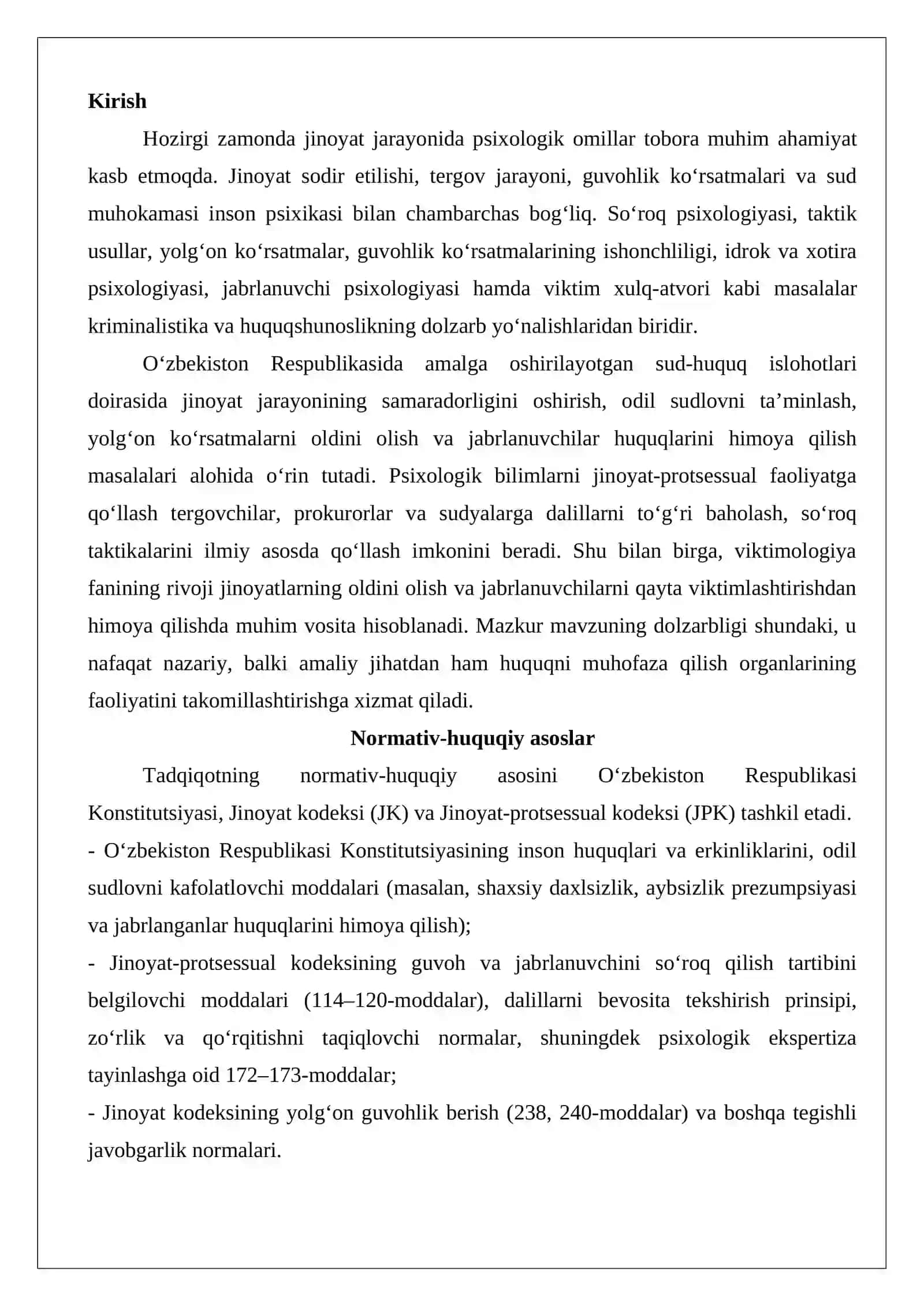 Jinoyat jarayoning psixologiyasi. So‘roq psixologiyasi 2