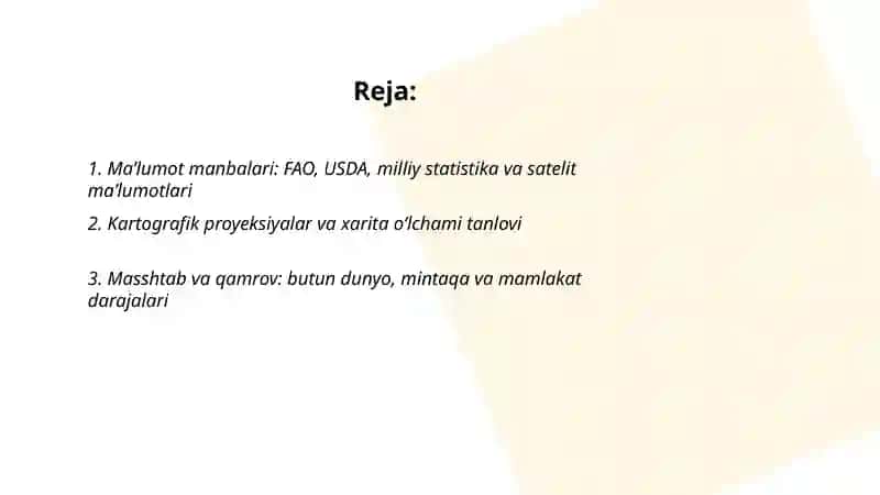 Jahon bo'yicha paxtachilik areallari xarita sxemasini tuzish 2