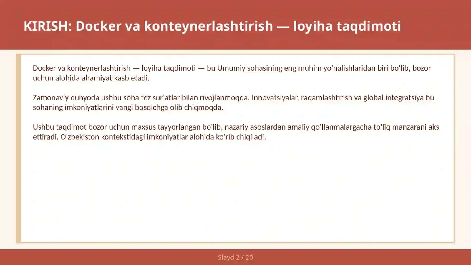 Docker va konteynerlashtirish — loyiha taqdimoti 2