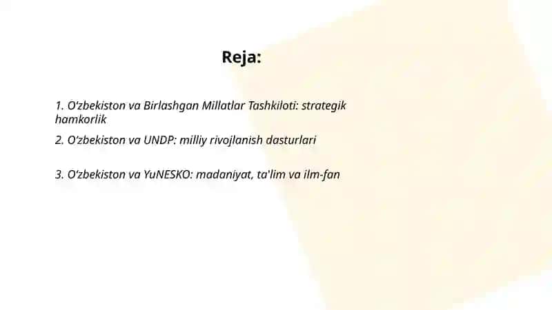 O‘zbekistonning xalqaro tashkilotlar bilan hamkorlik aloqalari 2