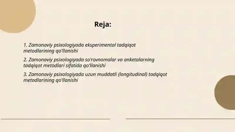 Zamonaviy psixologiya ratmoqlarini da tadqiqot metodlarining qo'llanishi 2