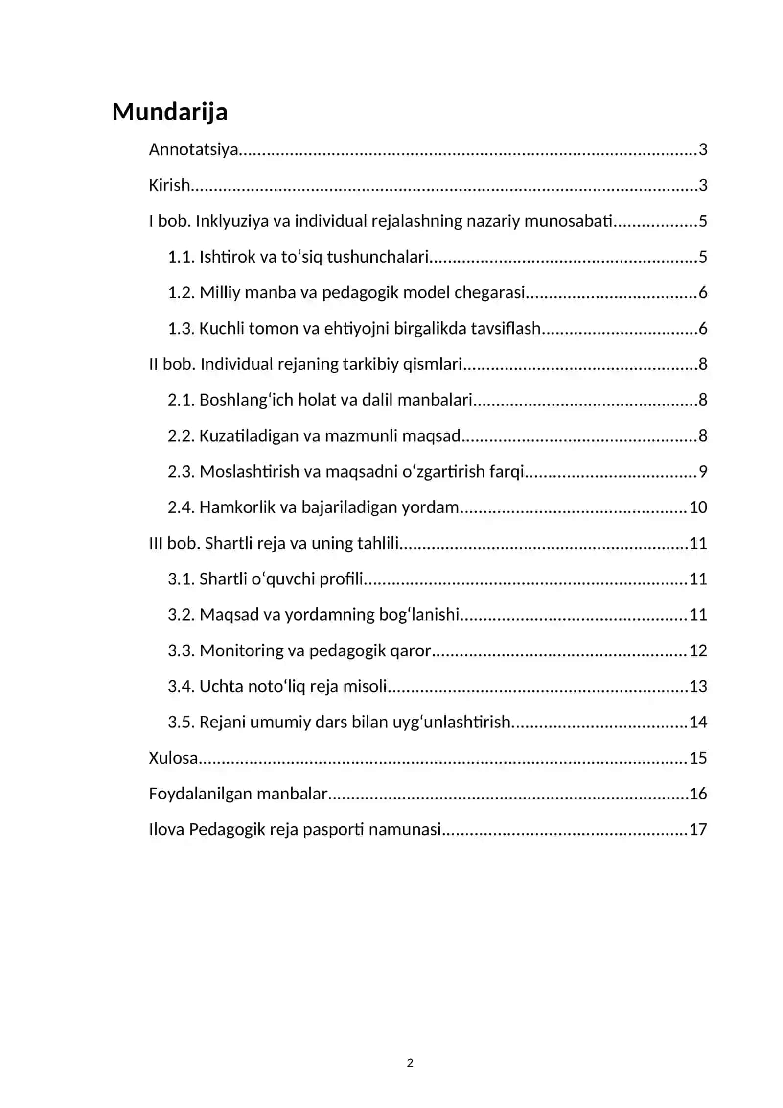 Inklyuziv ta’limda individual ta’lim rejasini ishlab chiqishning pedagogik asoslari — kurs ishi namunasi 2