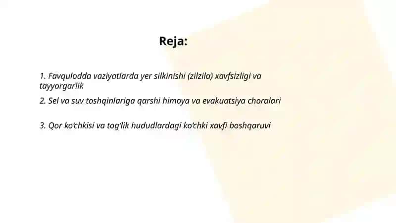 Tabiiy,texnogen,ekologik va ijtimoiy tusdagifavqulotda vaziyatlarda hayot faoliyati xavfsizligi vafuqaro muhofazasi 2