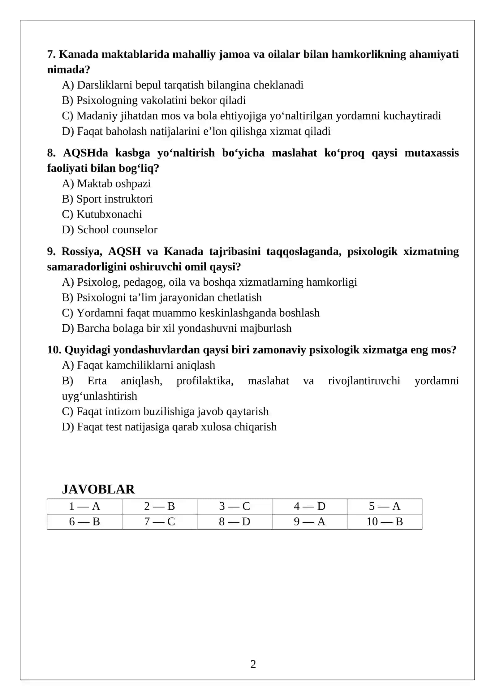 Rossiya, AQSH, Kanada ta’lim tizimida psixologik xizmat TEST 2