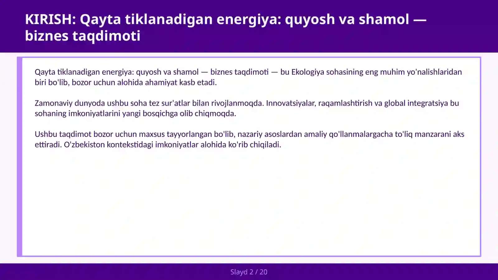 Qayta tiklanadigan energiya: quyosh va shamol — biznes taqdimoti 2