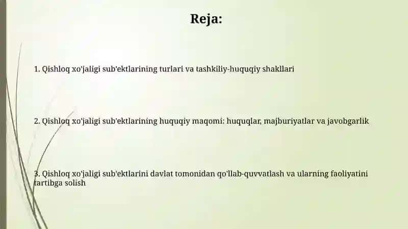 Qishloq xo'jaligi faoliyatida subyektlarining o'ziga xosligi va huquqiy holati 2
