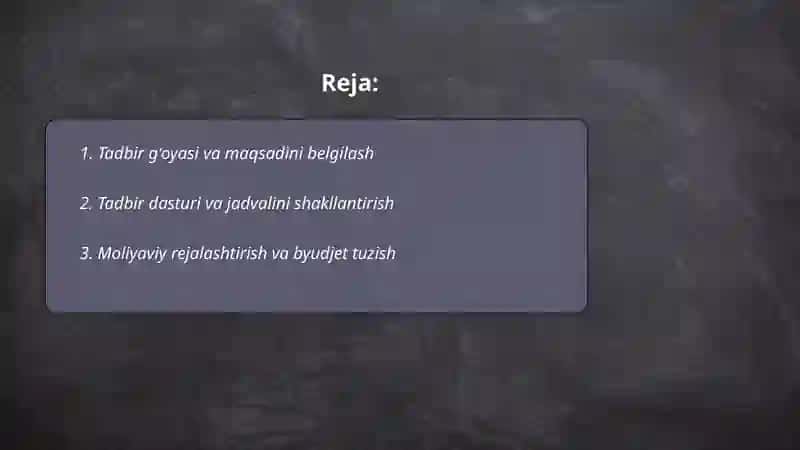 Koʻrgazma, festival, forum, seminar, ilmiy, anjuman, davra suhbati, tanlov tadbirlarini tashkil etish 2