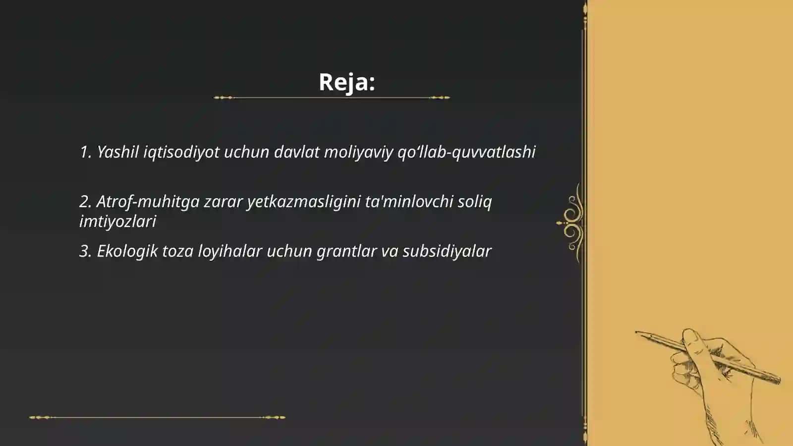 Yashil iqtisodiyot”ni qo‘llab-quvvatlashning moliyaviy va nomoliyaviy mexanizmi va amalga oshirish dastaklari 2
