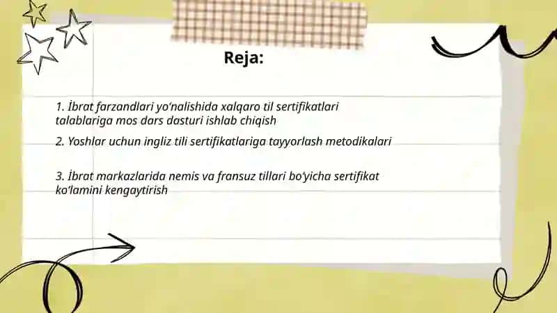 İbrat farzandlari yoʻnalishida chet tillarni oʻrgatish yoshlarni til sertifikatlarini kengaytirish 2