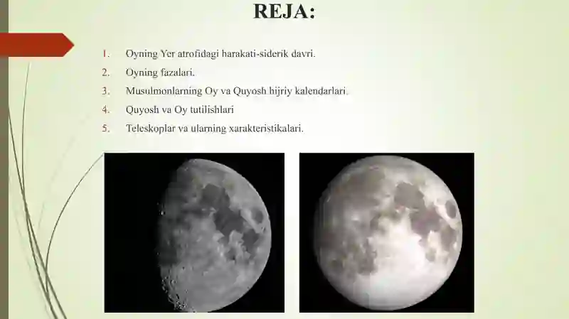 Oyning harakati va fazalari.Quyosh va oy tutilishlari.  Teleskoplar va  ularning xarakteristikalari  mavzusiga doir masalalar yechish va ularni yechish metodikasi 2