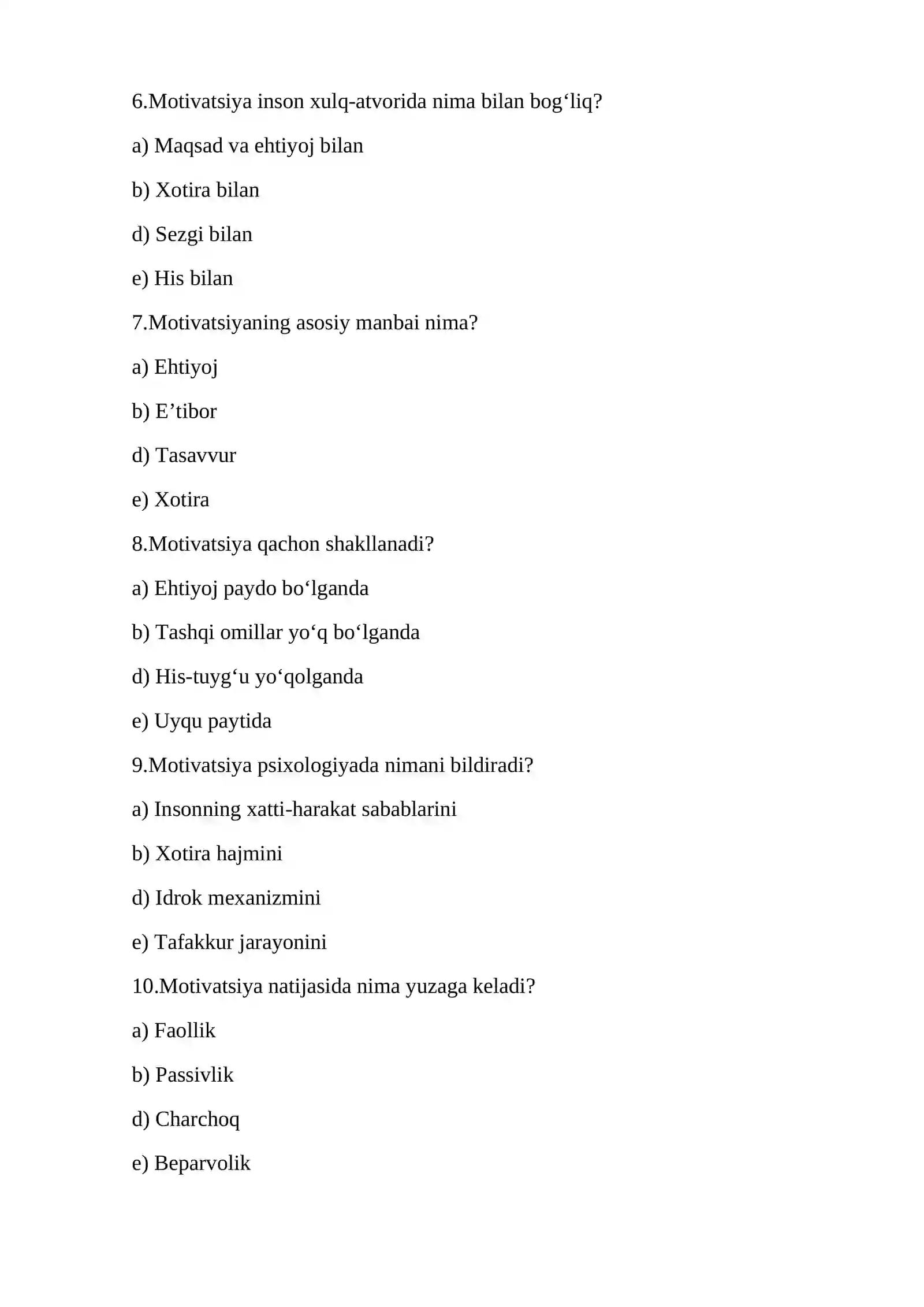 Umumiy psixologiya test 2