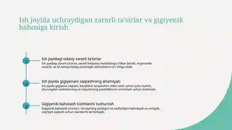Ish joyida uchraydigan asosiy zararli ta'sirlar va ularga gigiyenik baho 2