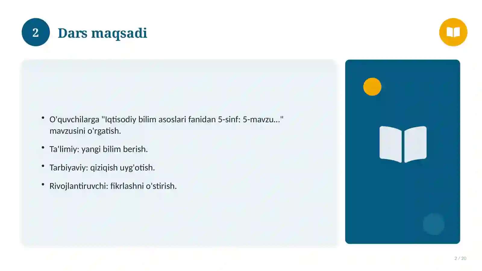 Iqtisodiy bilim asoslari fanidan 5-sinf: 5-mavzu uchun batafsil dars ishlanmasi 2