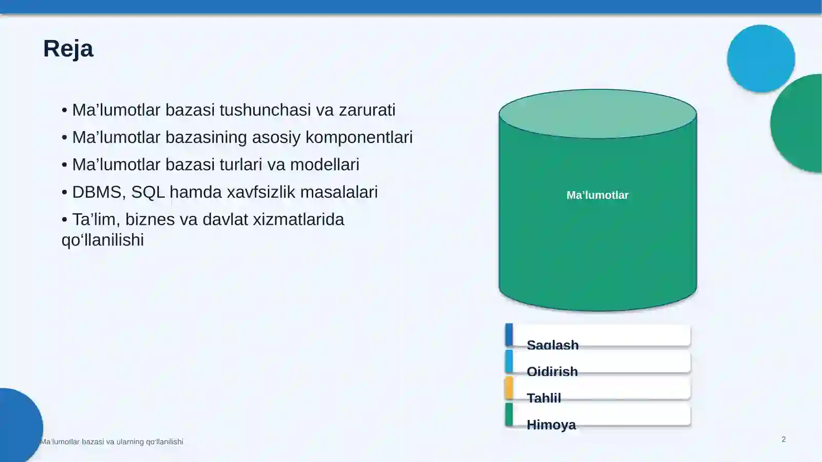 Ma’lumotlar bazasi va ularning qo‘llanilishi 2
