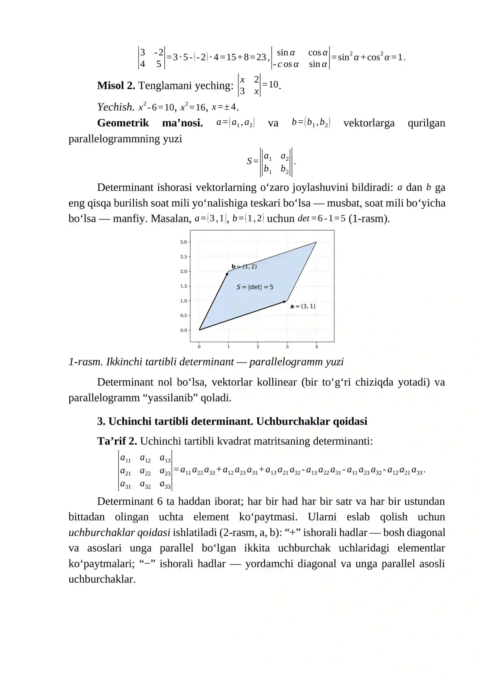 3-MA’RUZA. DETERMINANTLAR NAZARIYASI. IKKINCHI VA UCHINCHI TARTIBLI DETERMINANTLAR VA ULARNI HISOBLASH USULLARI 2
