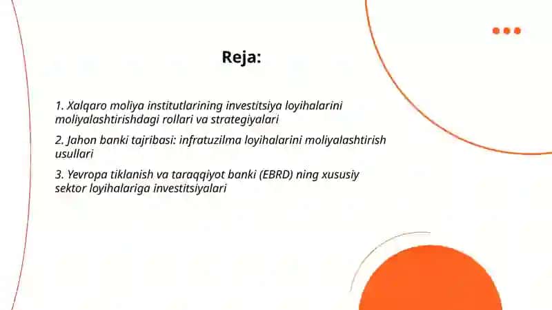 Jahon banki tajribasi: infratuzilma loyihalarini moliyalashtirish usullari 2