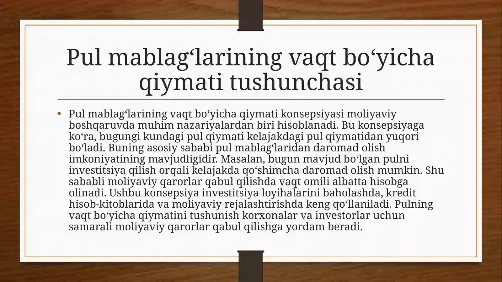 Pulmablag’larining vaqtboyicha qiymati kontseptiyasi 2