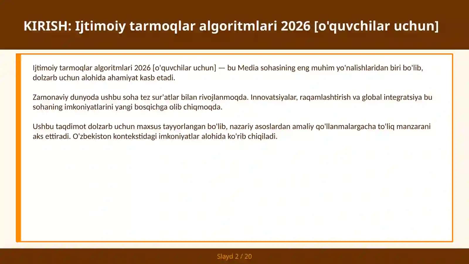 Ijtimoiy tarmoqlar algoritmlari 2026 [O'QUVCHILAR UCHUN] 2