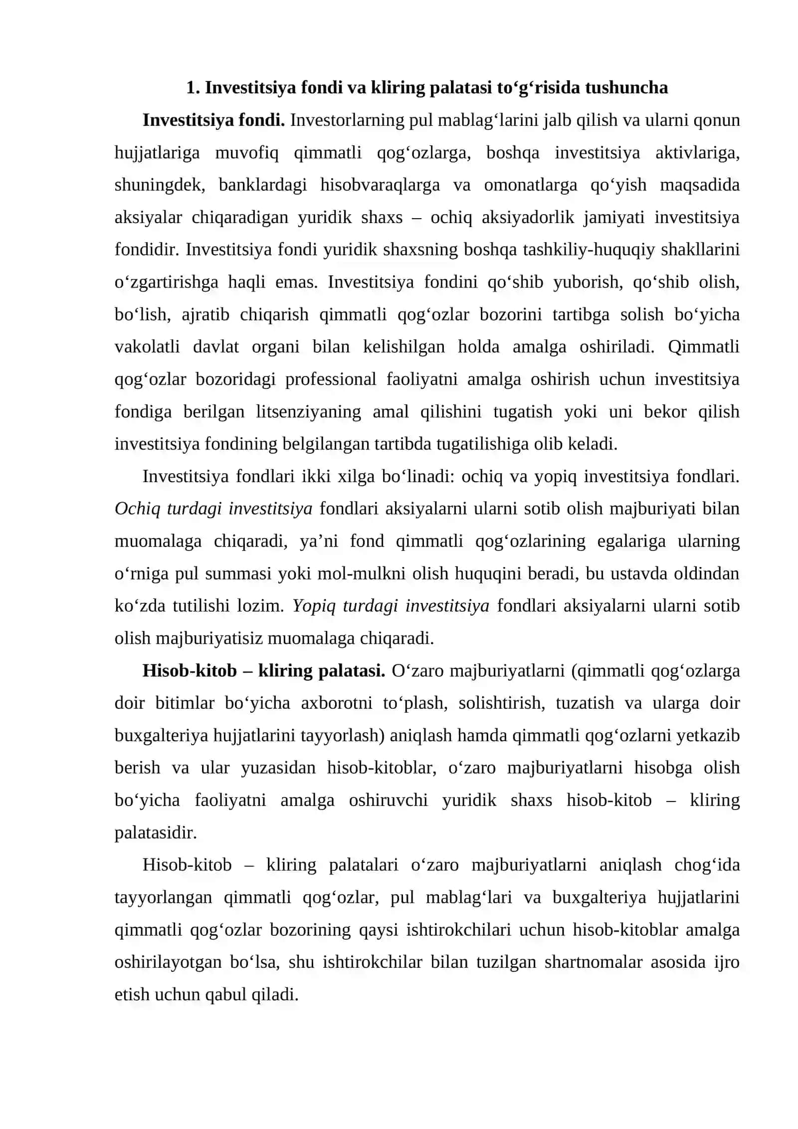 Investitsiya fondi. Kliring palatasining funksiyalari 2