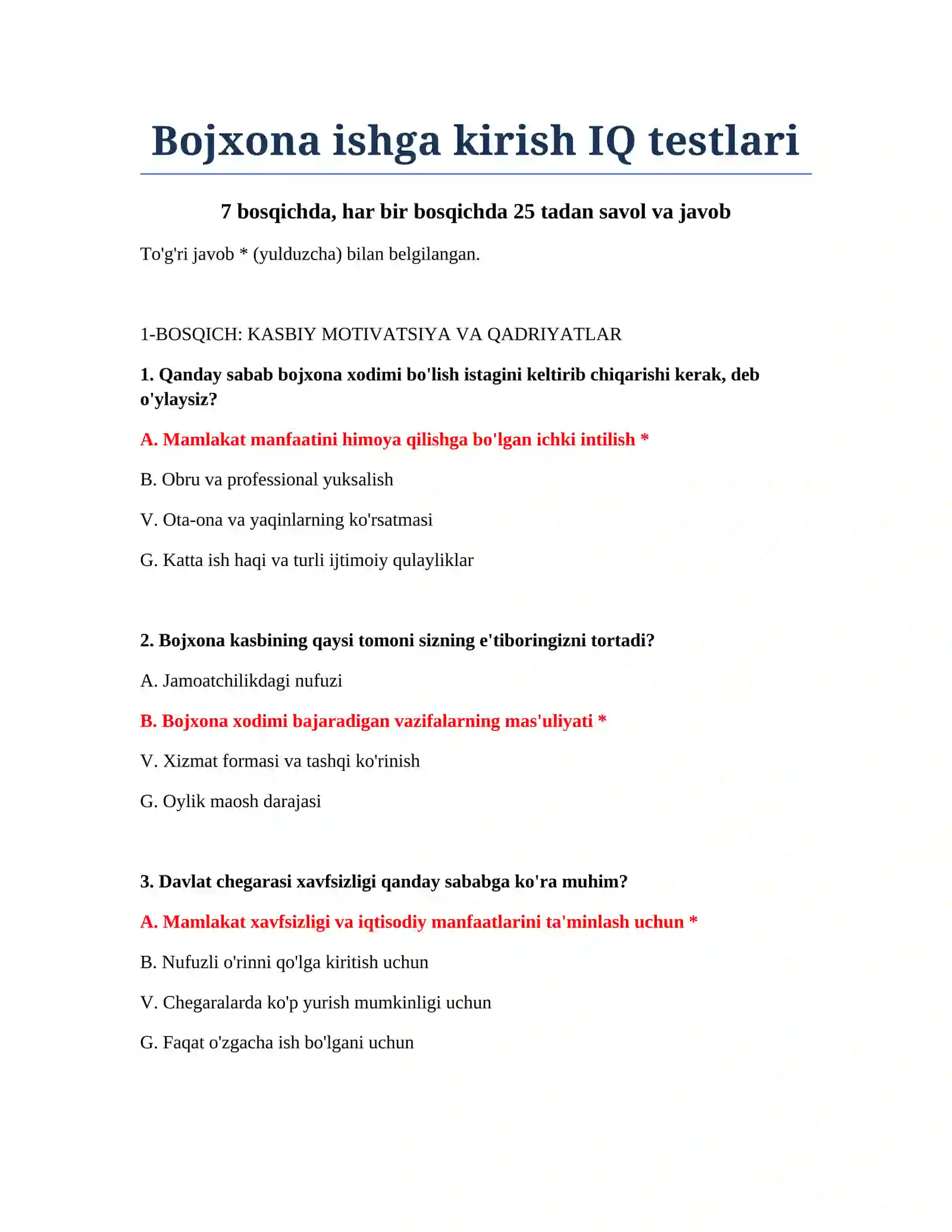 Bojxona ishga kirish IQ testlari 2