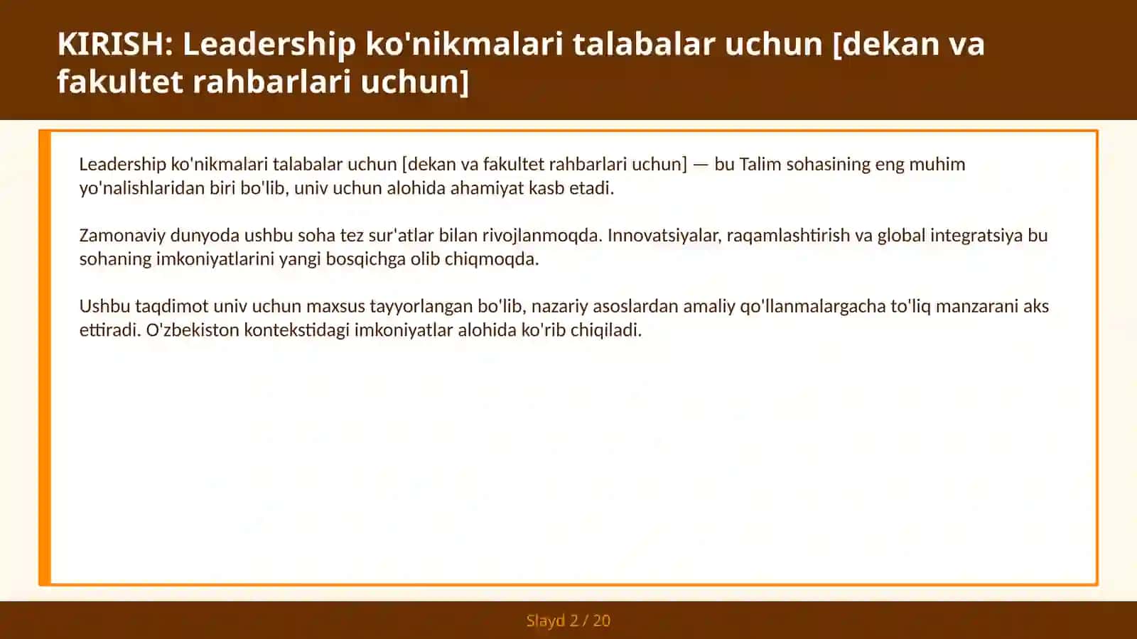 Leadership ko'nikmalari talabalar uchun [dekan va fakultet rahbarlari uchun] 2