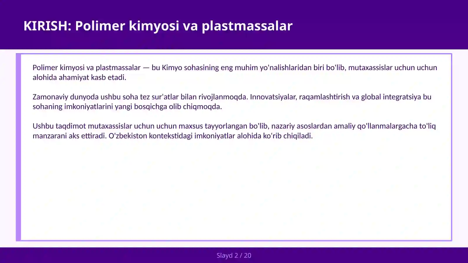 Polimer kimyosi va plastmassalar 2