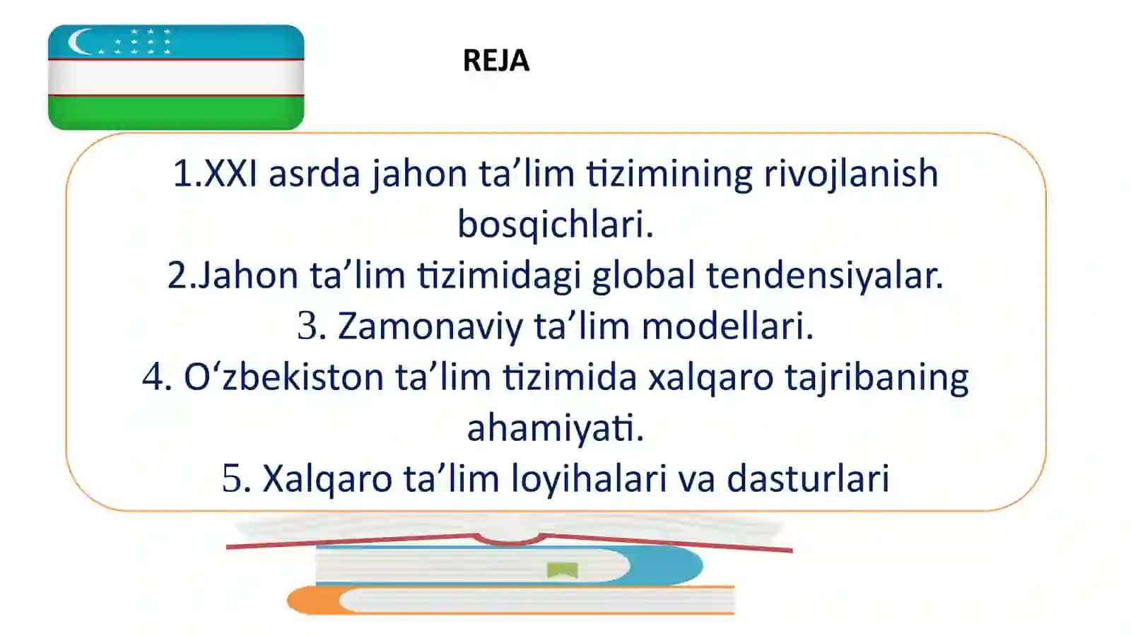 Mavzu.XXI asr jahon ta‘lim tizimidagi global tendentsiyalar. Iqtisodiy rivojlangan davlatlar ta‘lim tizimi. Ta‘lim modellari.  Xalqaro loyihalar va ta‘lim dasturlari. Ta‘limni tashkil etish shakllari. Darsning turlari va tuzilishi. Nostandart darslar. Ta‘limni tashkil etishning yordamchi shakllari. STEAM – Science (fan), Technology (texnologiya), Engineering (injeneriya), Mathematics (matematika) o‘qitish: 2