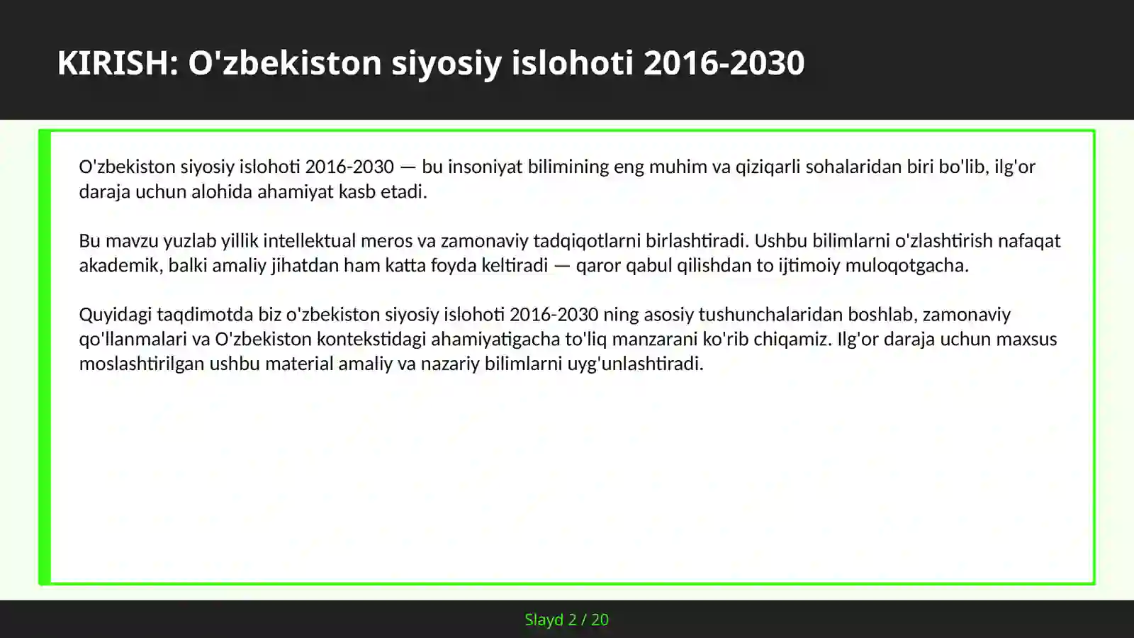 O'ZBEKISTON SIYOSIY ISLOHOTI 2016-2030 2