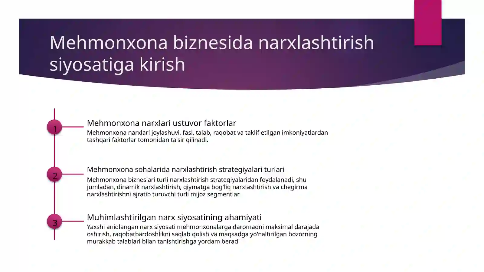 Mehmonxona biznesida narxlashtirish siyosatini amalga oshirish 2