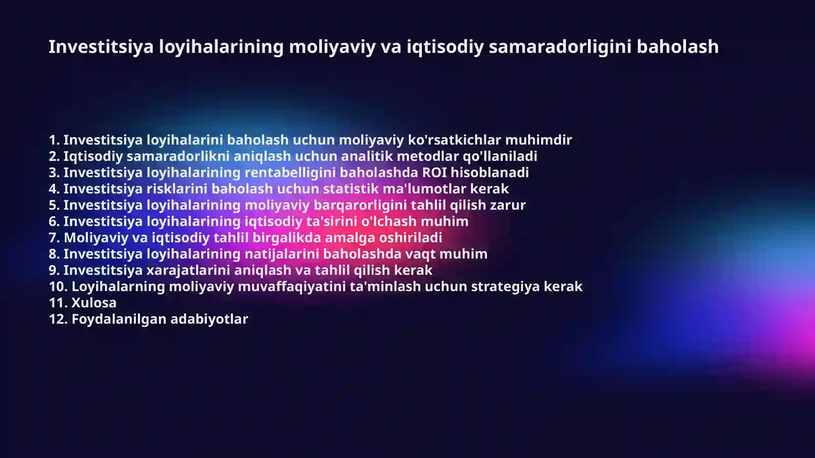 Investitsiya loyihalarining moliyaviy va iqtisodiy samaradorligini baholash 2