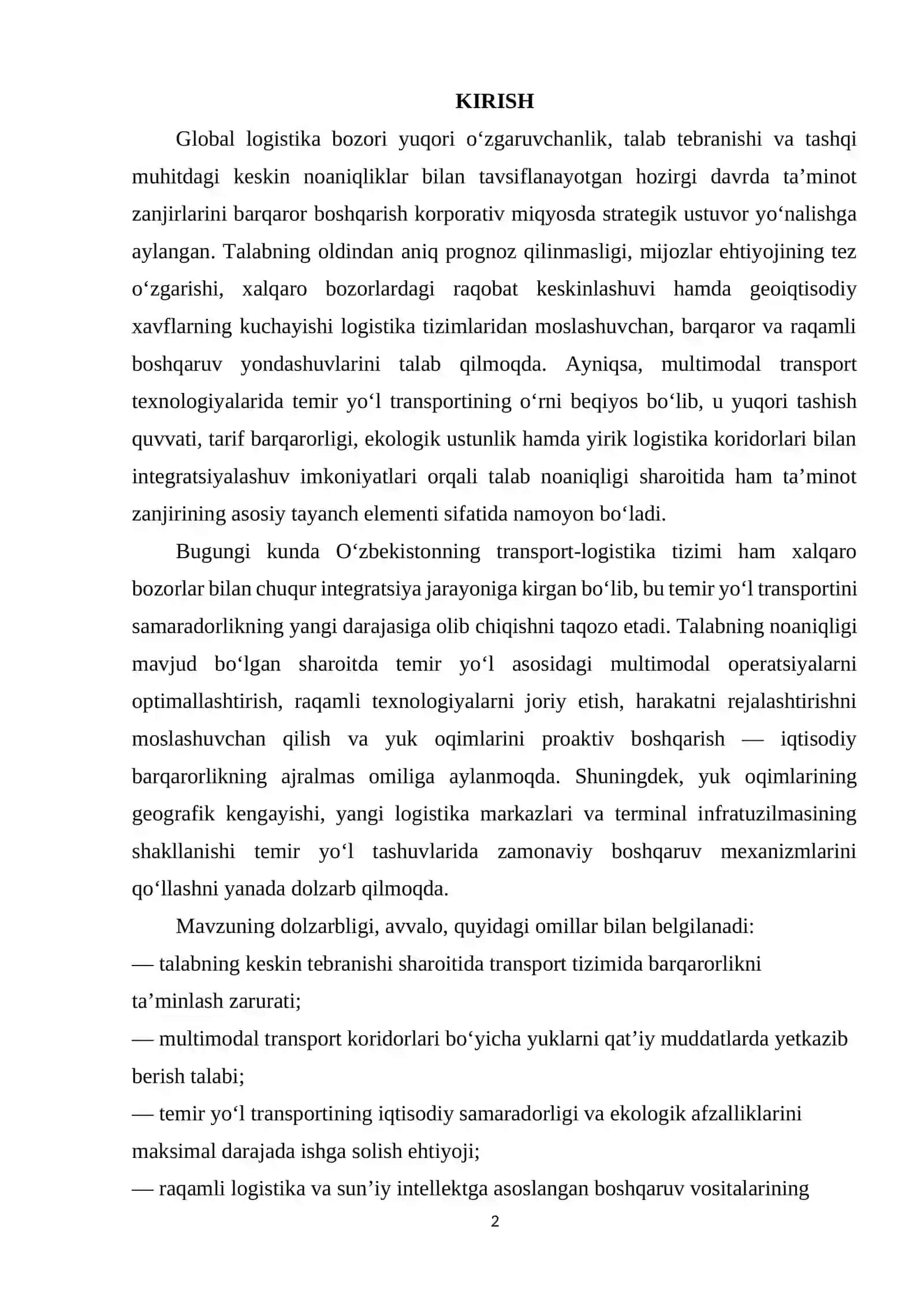 Talab noaniqligi sharoitida temir yo‘l transportidan foydalangan holda ta’minot zanjirlarini boshqarishning zamonaviy usullari 2