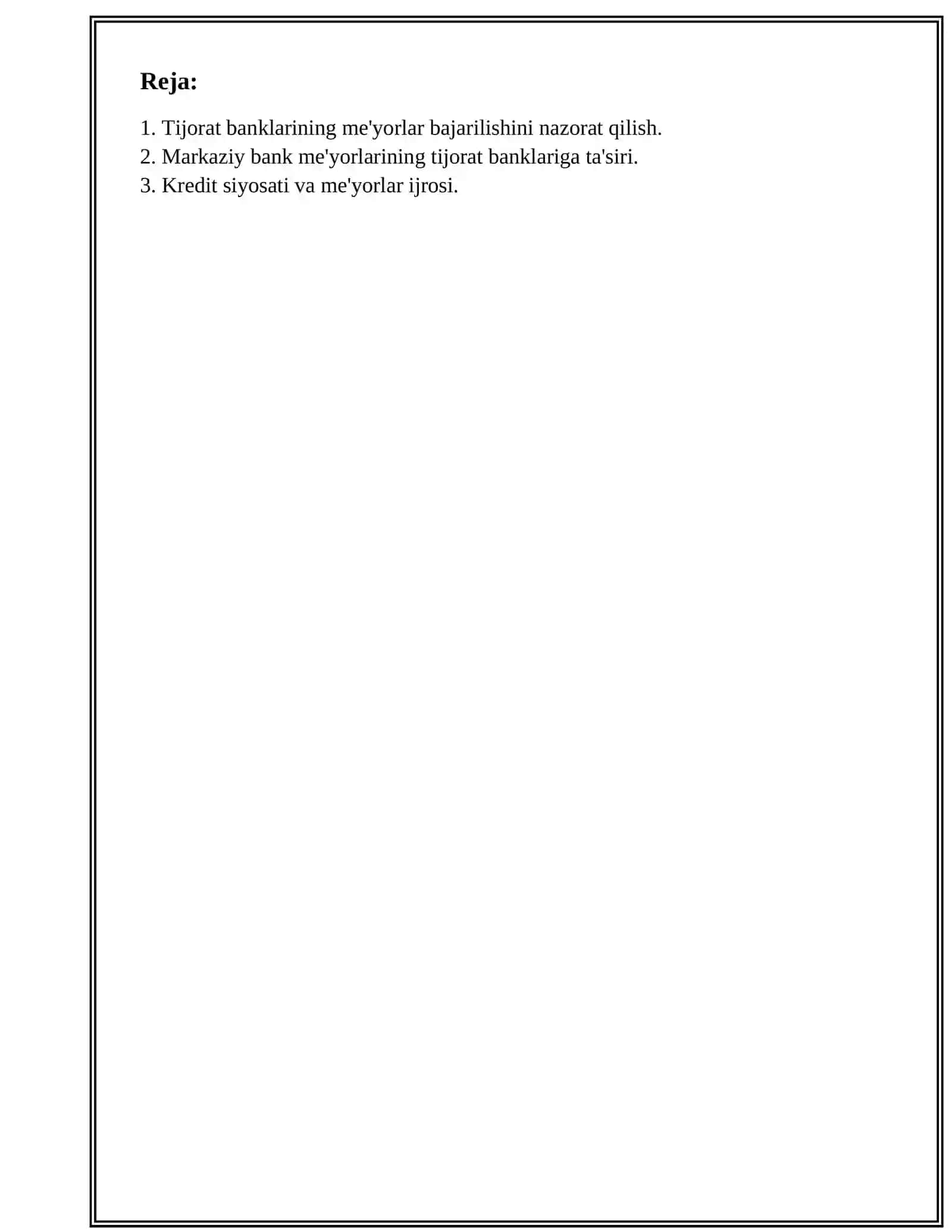 TIJORAT BANKI TOMONIDAN MARKAZIY BANK MEYORLARINING BAJARISH HOLATI, BIA 98-2 GURUH 2