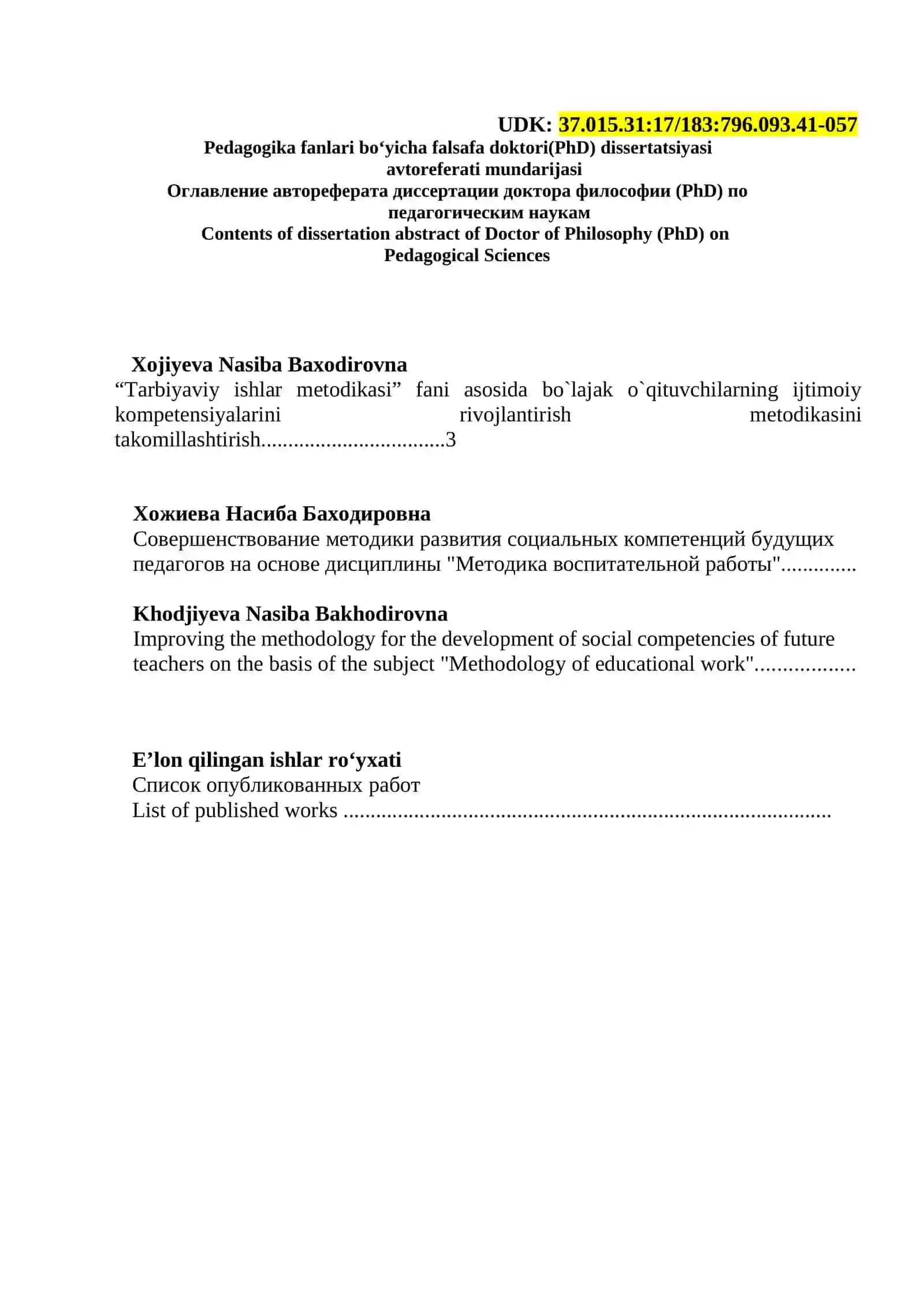 TARBIYAVIY ISHLAR METODIKASI FANI ASOSIDA BO`LAJAK O`QITUVCHILARNING IJTIMOIY KOMPETENSIYALARINI RIVOJLANTIRISH METODIKASI 2
