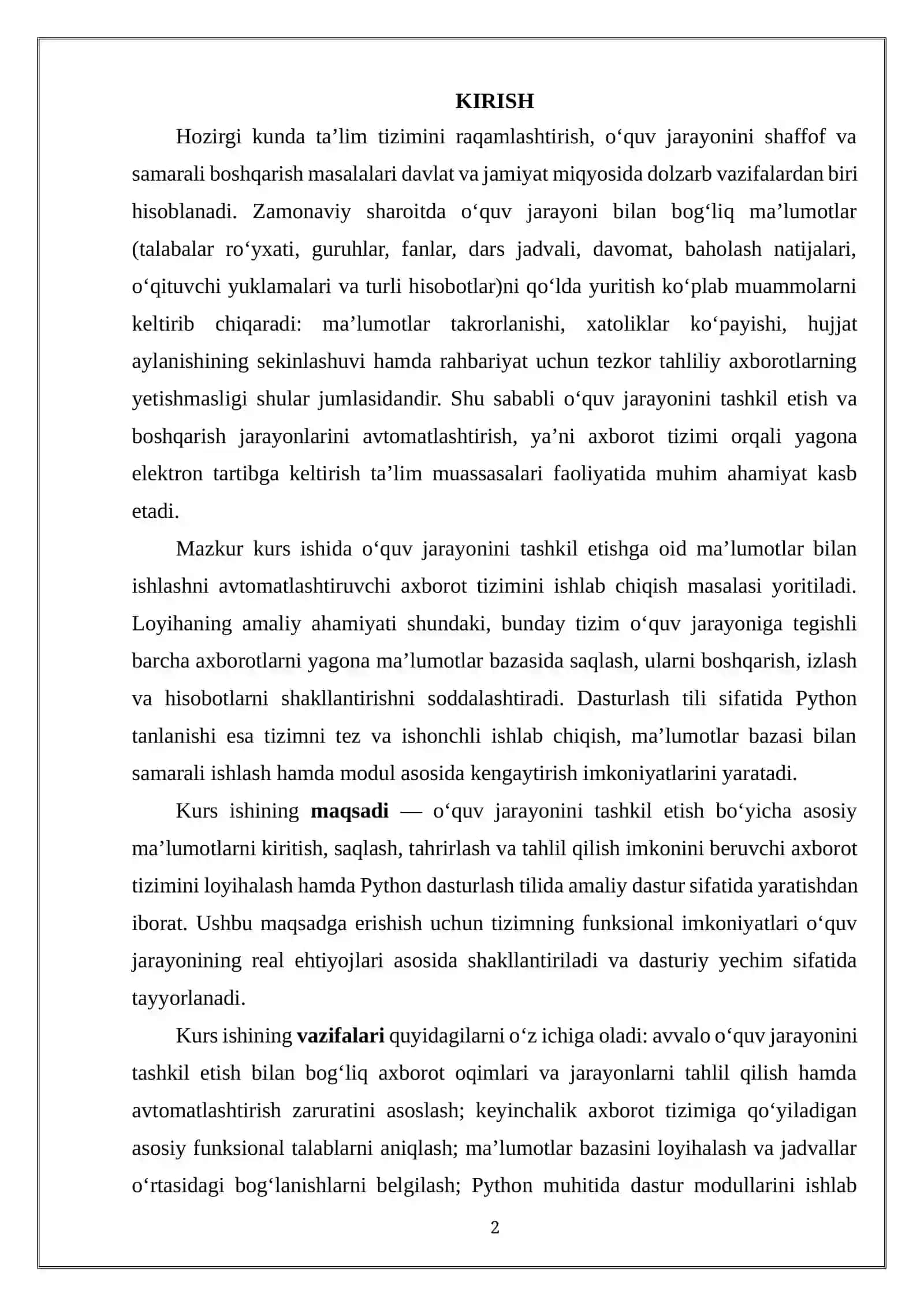 O‘QUV JARAYONINI TASHKIL ETISHNING AXBOROT TIZIMINI ISHLAB CHIQISH 2