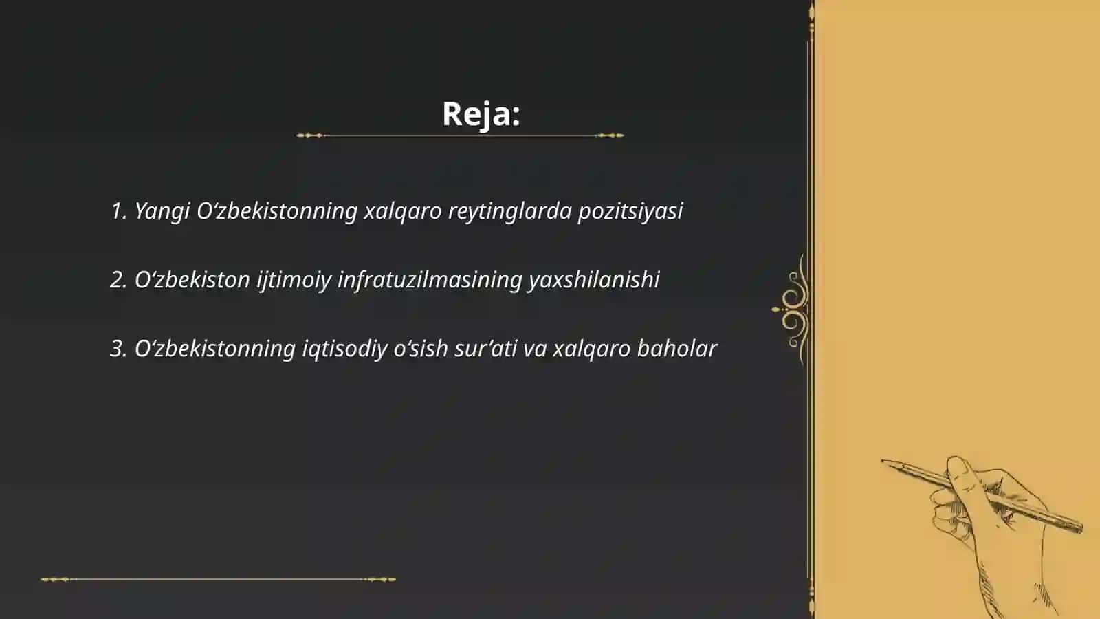 Yangi O‘zbekiston ijtimoiy-siyosiy, iqtisodiy va madaniy hayotida roʻy berayotgan oʻzgarishlarning xalqaro reyting va indekslarda aks etishi by Boboqulov Doston 2