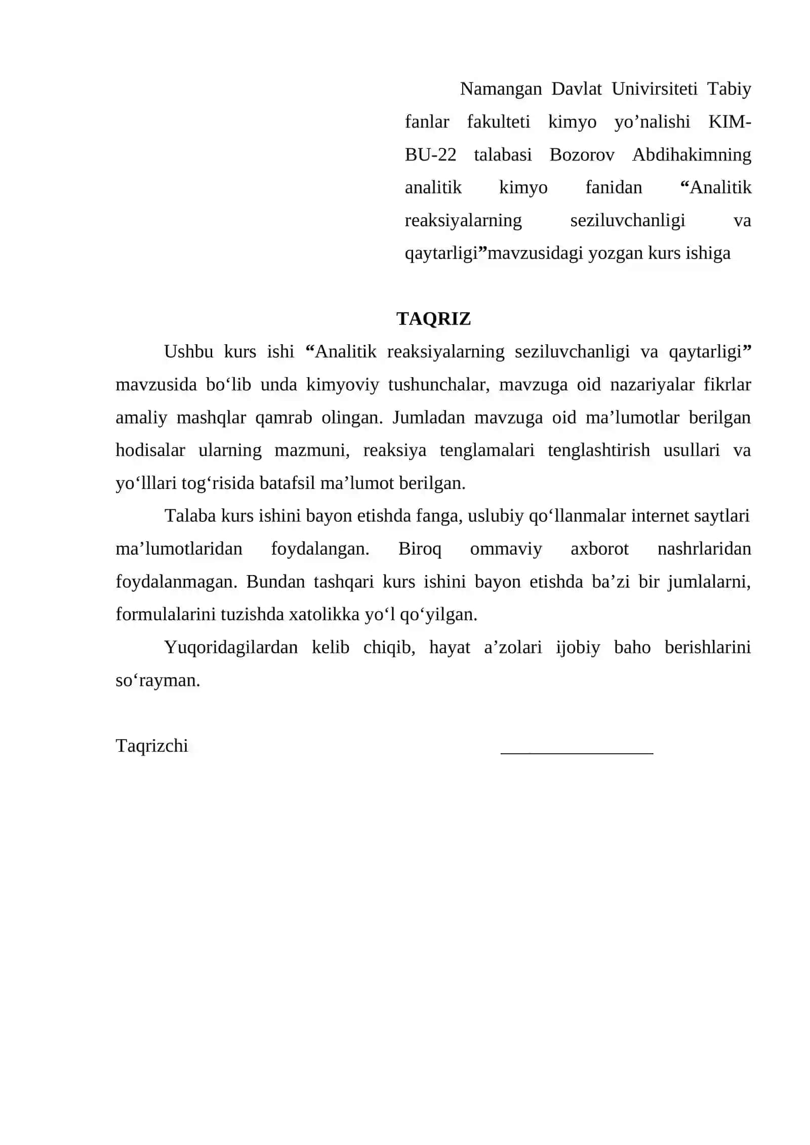 Analitik Reaksiyalarning Seziluvchanligi va Qaytarligi Kurs Ishi 2