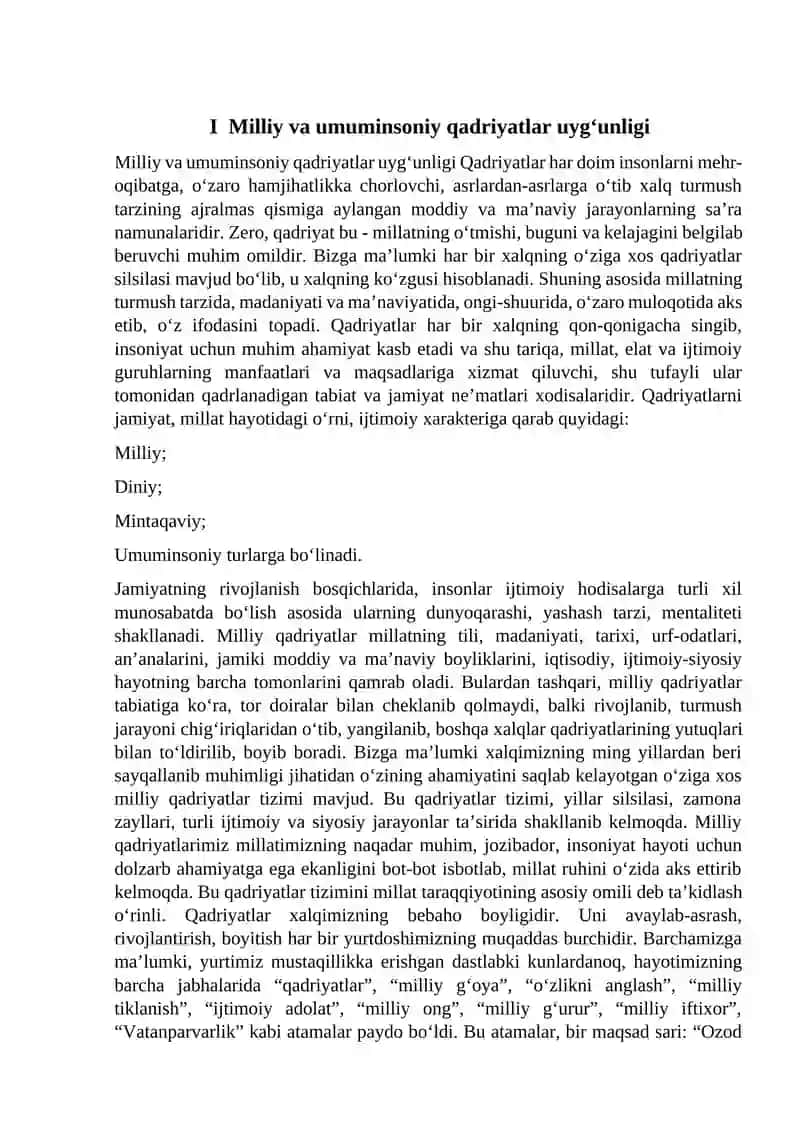 Jamiyat mafkurasida milliy va umuminsoniy qadriyatlar uyg’unligi. 2