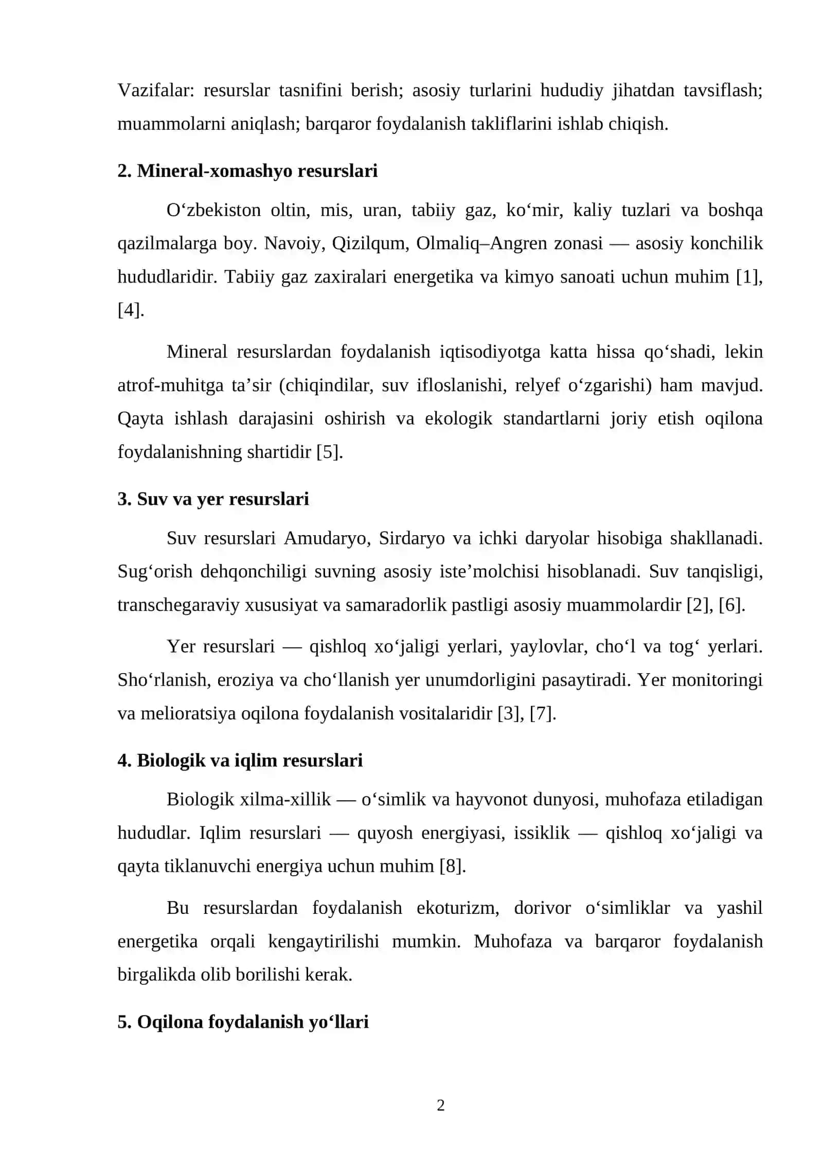 O‘ZBEKISTONNING TABIIY RESURSLARI VA ULARDAN OQILONA FOYDALANISH MASALALARI 2