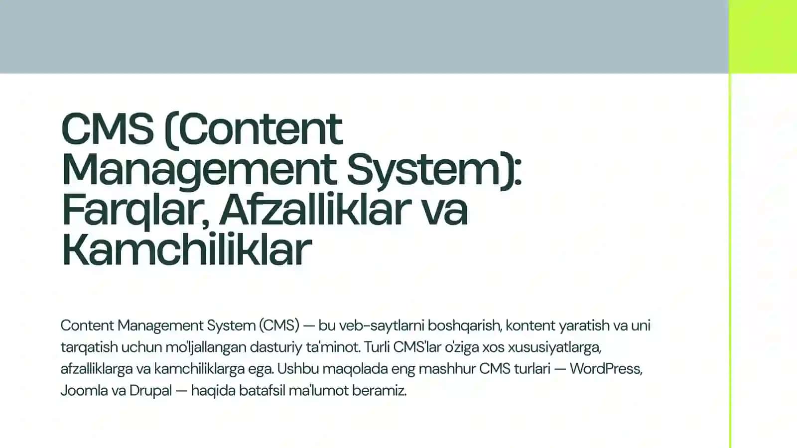 CMS (Content Management System): Farqlar, Afzalliklar va Kamchiliklar 2