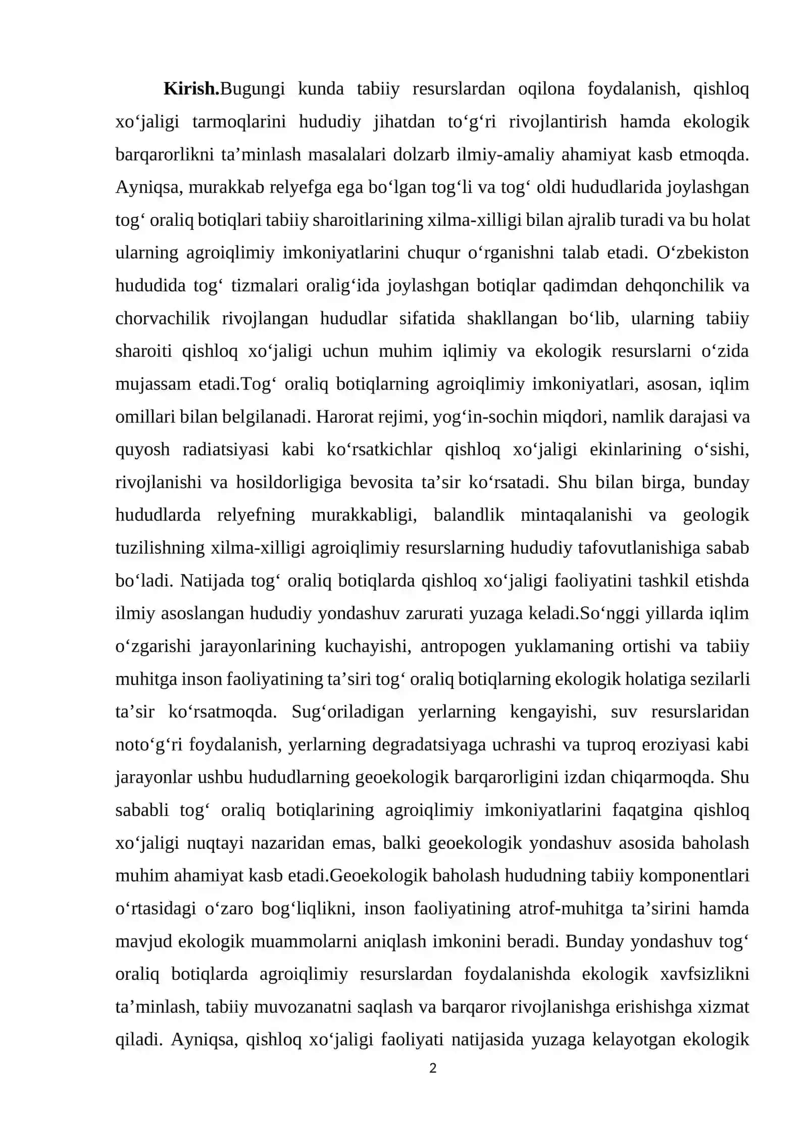 Oʻzbekiston togʻ oraliq botiqlarining agroiqlimiy imkoniyatlarini geoekologik baholash 2