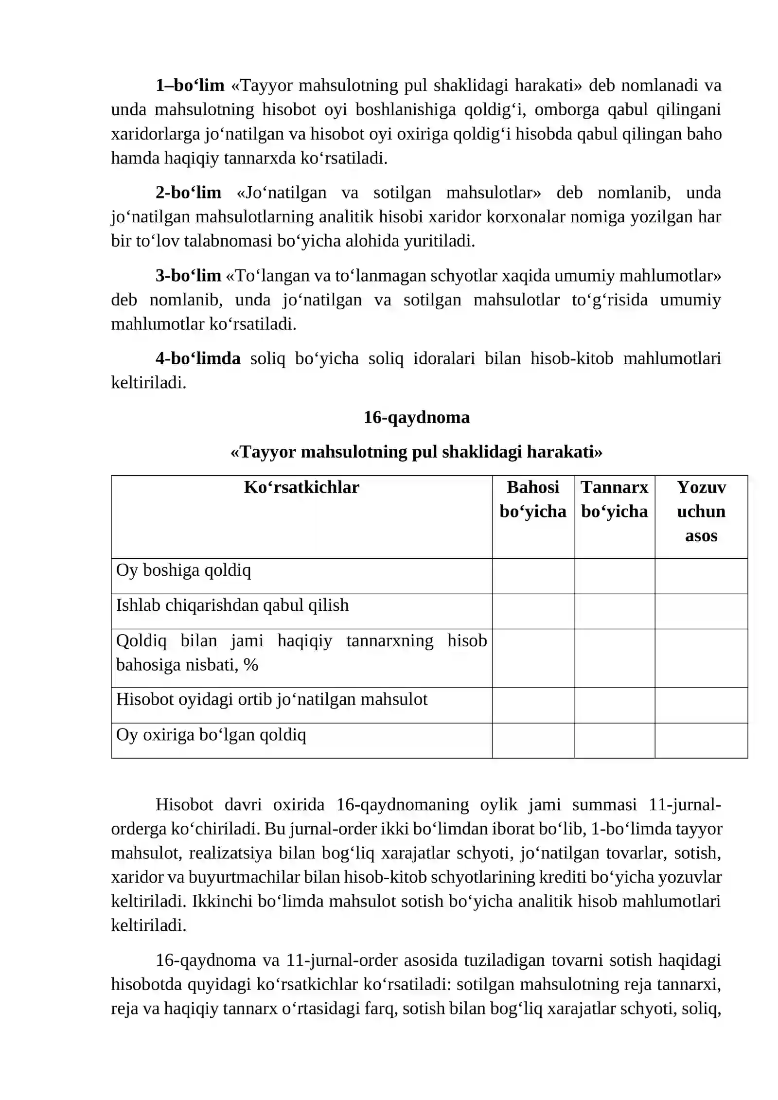 Tayyor mahsulotning ombordagi va buxgalteriyadagi hisobi 2