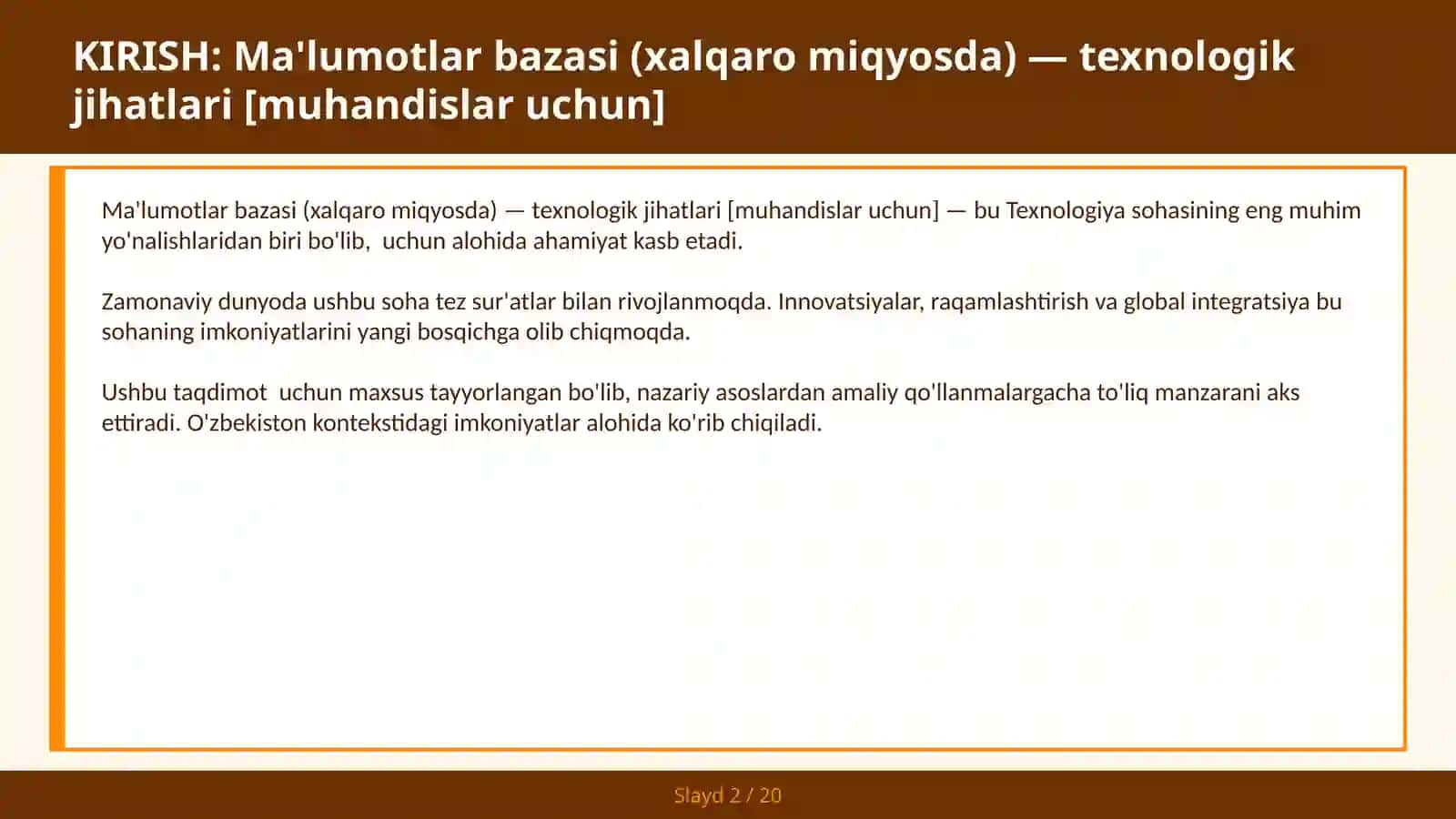 Ma'lumotlar bazasi (xalqaro miqyosda) — texnologik jihatlari [muhandislar uchun] 2