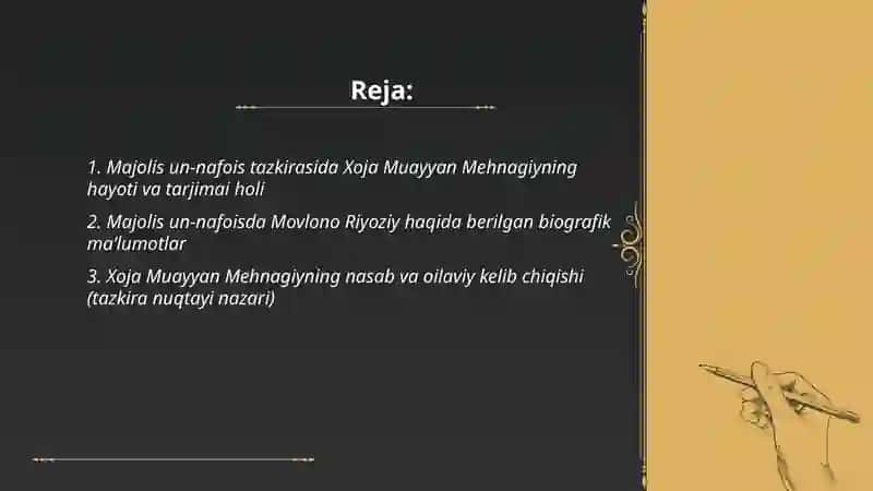 "Majolis un nafois"tazkirasidagi Xoja Muayyan Mehnagiy,Movlono Riyoziy haqida maʼlumot 2